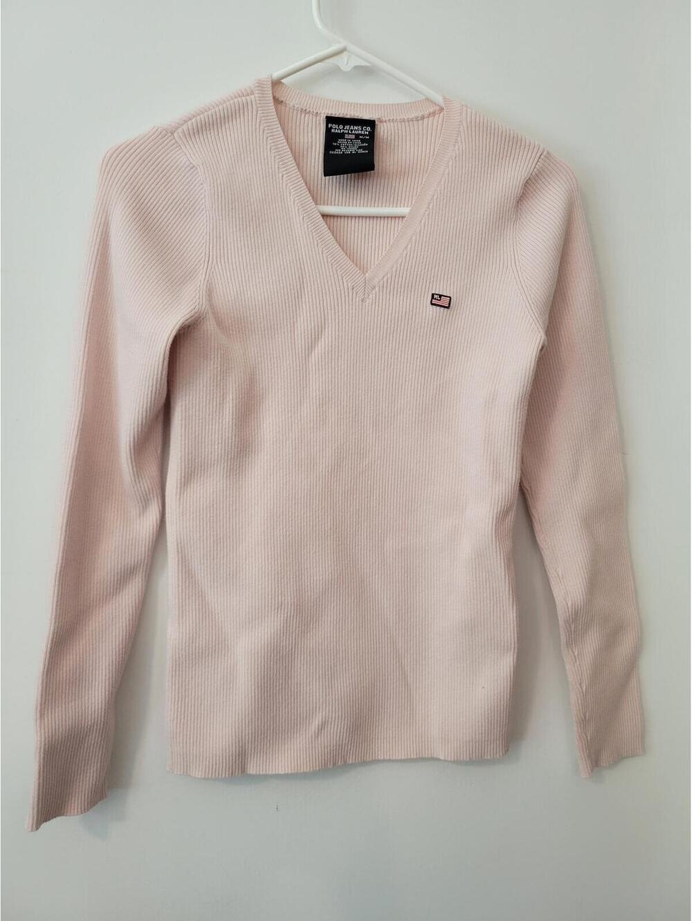 Ralph Lauren Light Pink Ribbed V-Neck Sweater Medium